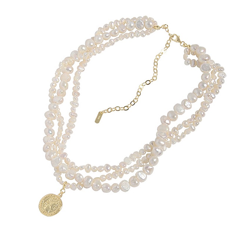 fashion coin baroque pearl necklace 925 sterling silver triple pearl necklace 18k gold plated fresh water pearl necklac