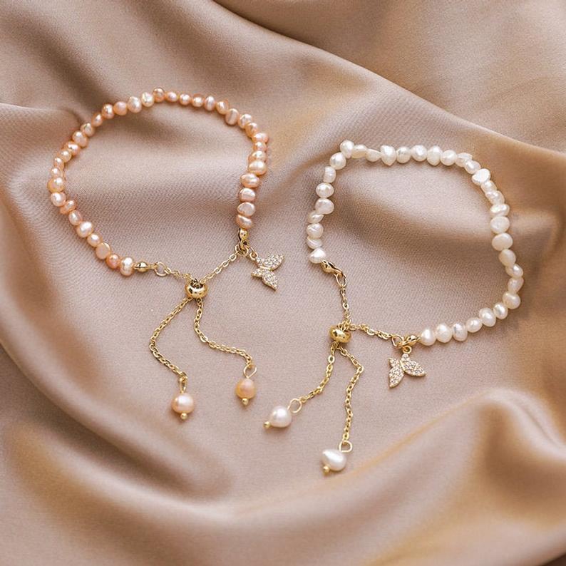 Fashionable 18k Gold Plated Rose Freshwater Pearl Bracelet Baroque Pearl Butterfly Bracelet For Women Pink Pearl Bracelet