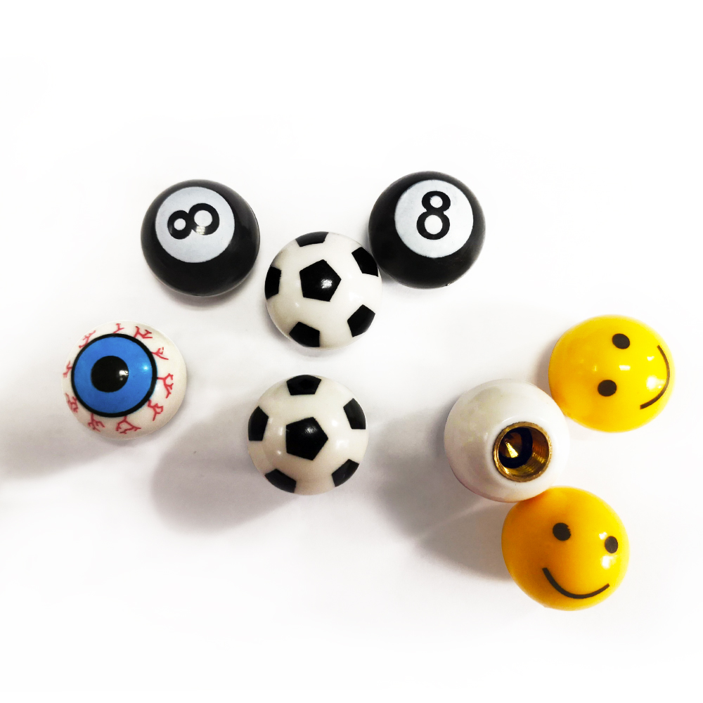Funny tyre valve cap Eye,Football,NO.8 ball,Smile face type abs tire valve cap plastic