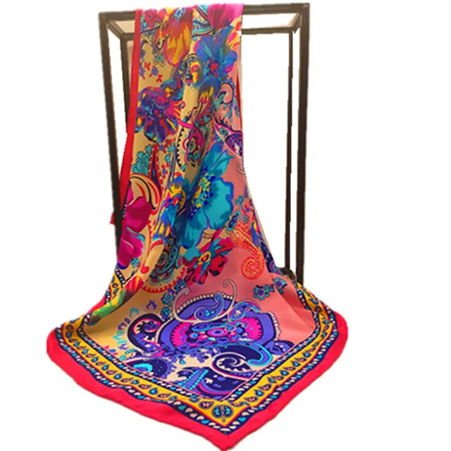 Hot Selling 90*90cm Light Weight Fashion Women Printed Floral Hijabs Satin Square Silk Scarves