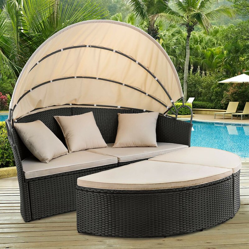 Outdoor Wicker Patio Round Rattan Daybed with Cushions canopy