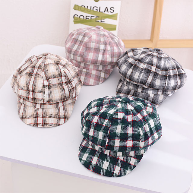 Wholesale New Fashion Peaked Cap Octagonal Cap Winter Hats TR Wool Plaid Berets Kids Hat