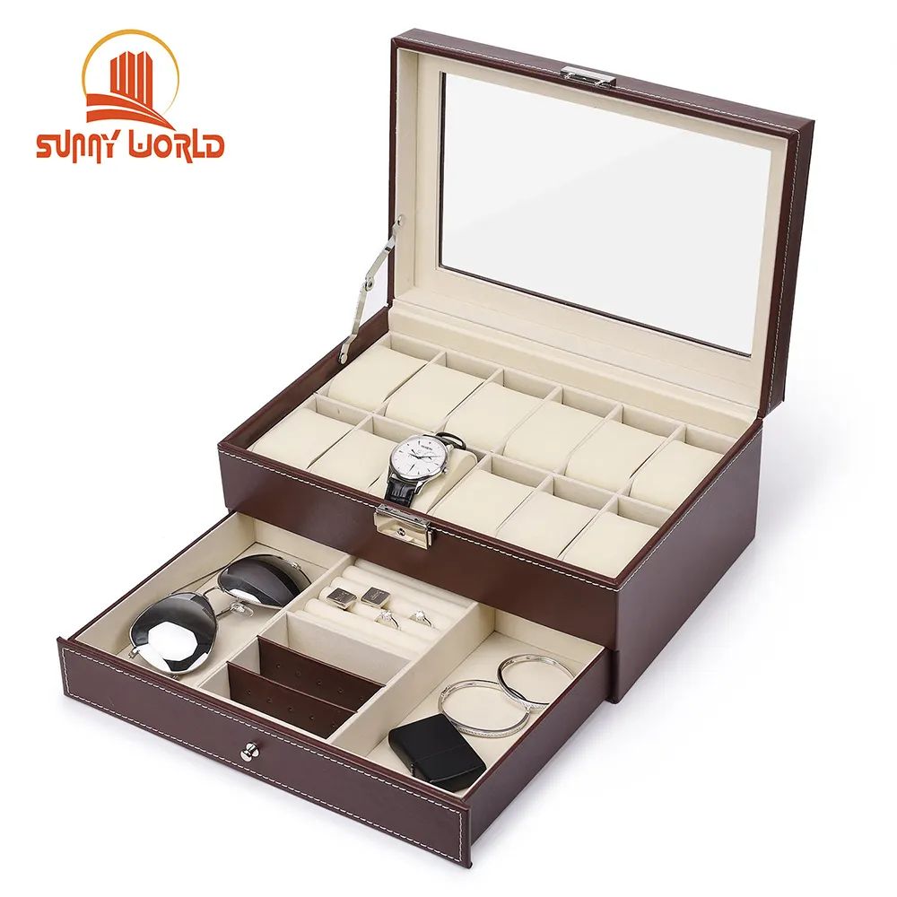 Custom 12 Slots PU watch case cnc watch box with lid watch box with drawer