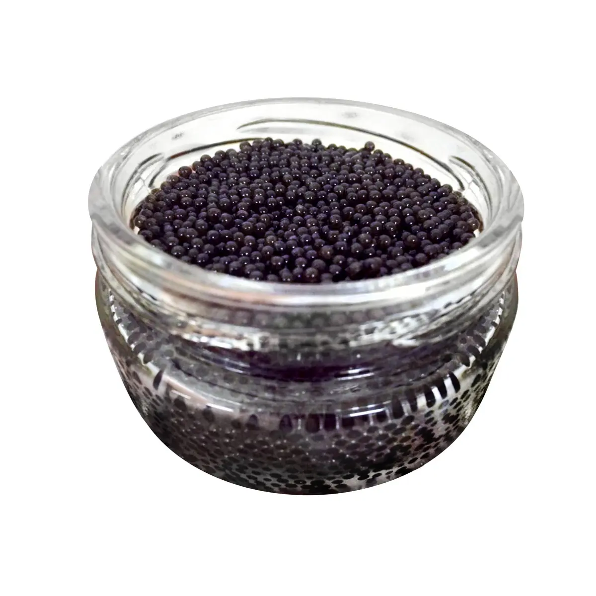 Gourmet farm-raised bester granular caviare packaged in glass jar from fish farm