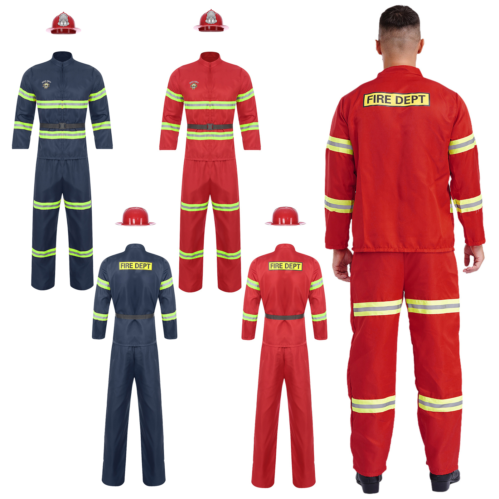 Mens Firefighter Overalls Dress up Costume 4Piece Suit Helmet Long Sleeve Jacket Coat Pants and Belt Reflective Stripes Sets