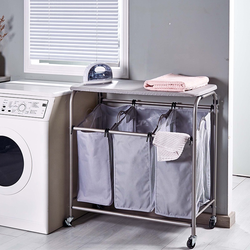 3 Bag Laundry Sorter Cart With Ironing Board,Laundry Hamper Sorter With Heavy Duty Rolling Wheels For Clothes Storage