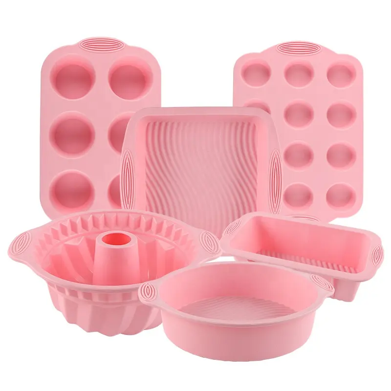 6 Piece Set Pink Silicone Baking sets for Kids OR Adults Cake baking Tool cake mold pan Silicone Bakeware Set