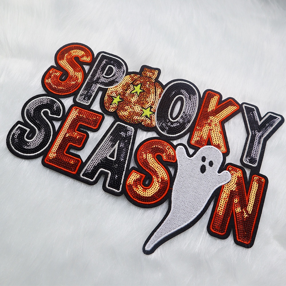 Wholesale Custom Sequin Spooky Season Ghost Patches Iron On Halloween Ghost Pumpkin Sequin Patches Embroidery For Clothing
