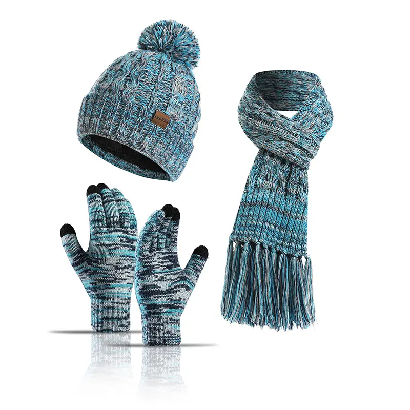 New Fashion Cap Scarf Gloves Set Women Winter Warm Knitted Wool Thickened 3pcs Set Beanie Hat Touch Screen Gloves Scarf