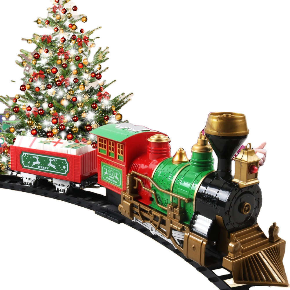 Christmas steam smoking electric rail train toy set with light and music for kids