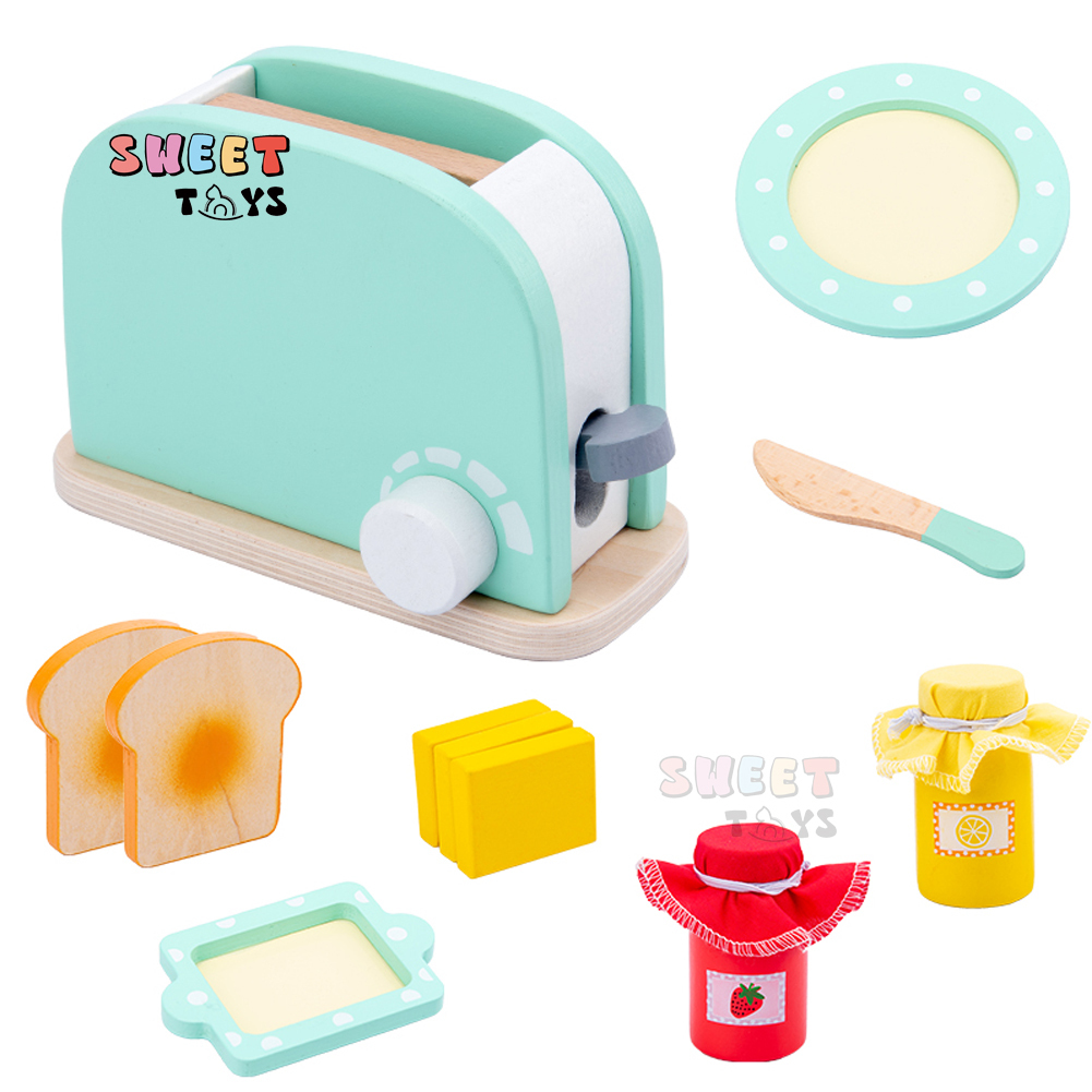 Wooden Kitchen Role Play Toy Bread Machine Tableware Cooking Play Set Kitchen Accessories Toys Educational Pretend Play Game