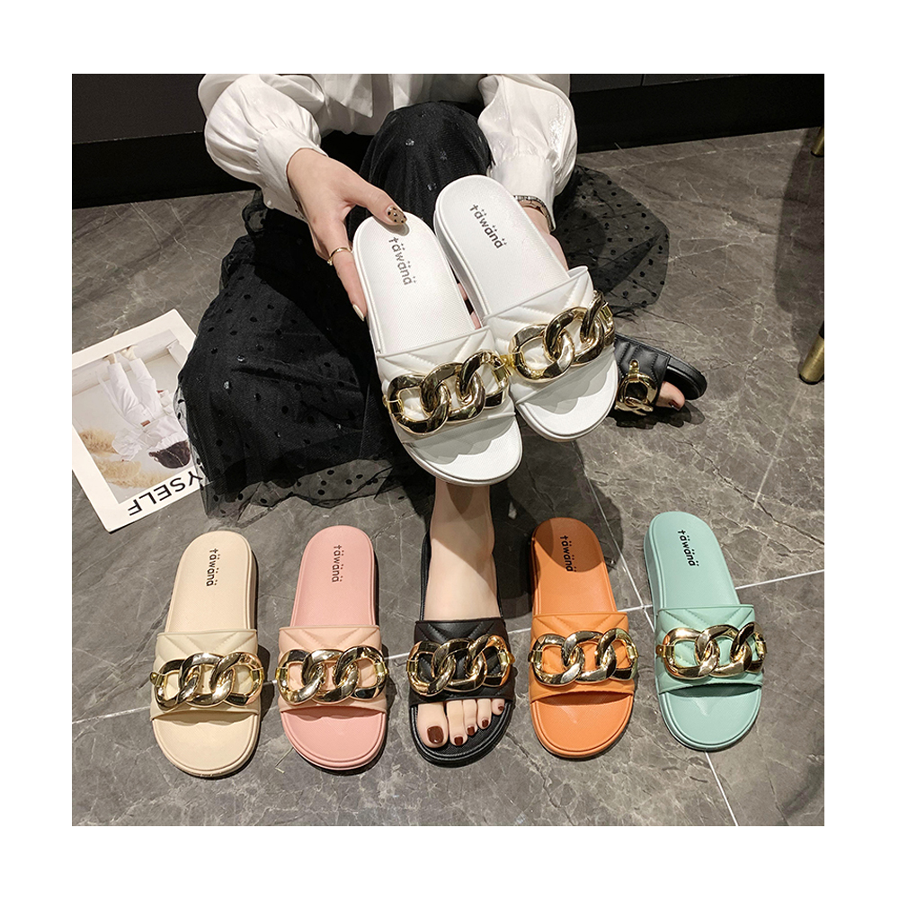 Z New Shoppe hot sell multi color women slippers summer fashion trendy gold 3 rings chain sandals Beach shoes One-word slippers