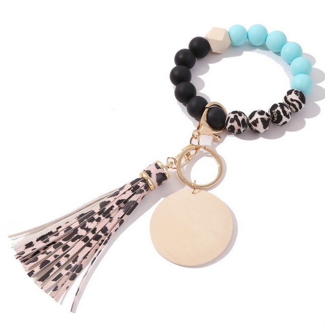 Customized Tassel Silicone Bead Bracelet Keychain Wristlet Elastic Macrame Beautiful Wood Silicone Beaded Monogram Keychain
