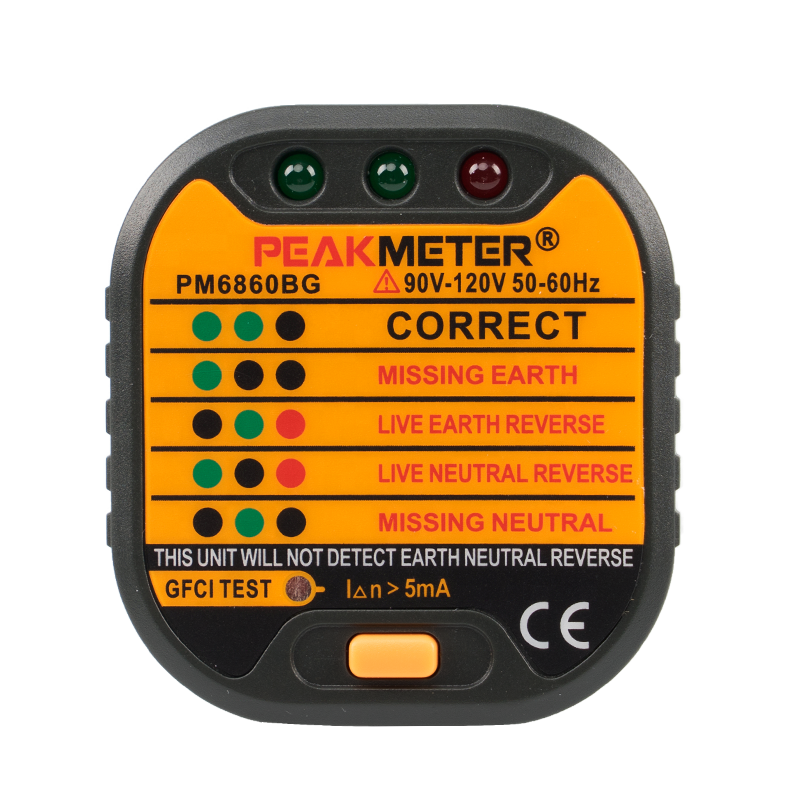 Тестер электрической розетки Peakmeter PM6860BG, 220-250 В, с поддержкой функций проверки GFCI / RCD