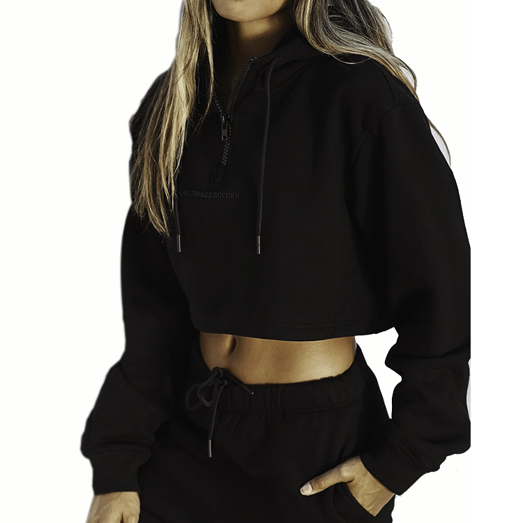 Wholesale Custom Fall Crop Top hoodie Sweatshirt Set Coton Baggy Off The Shoulder black Long Sleeve Femme Top Crop Hoodies