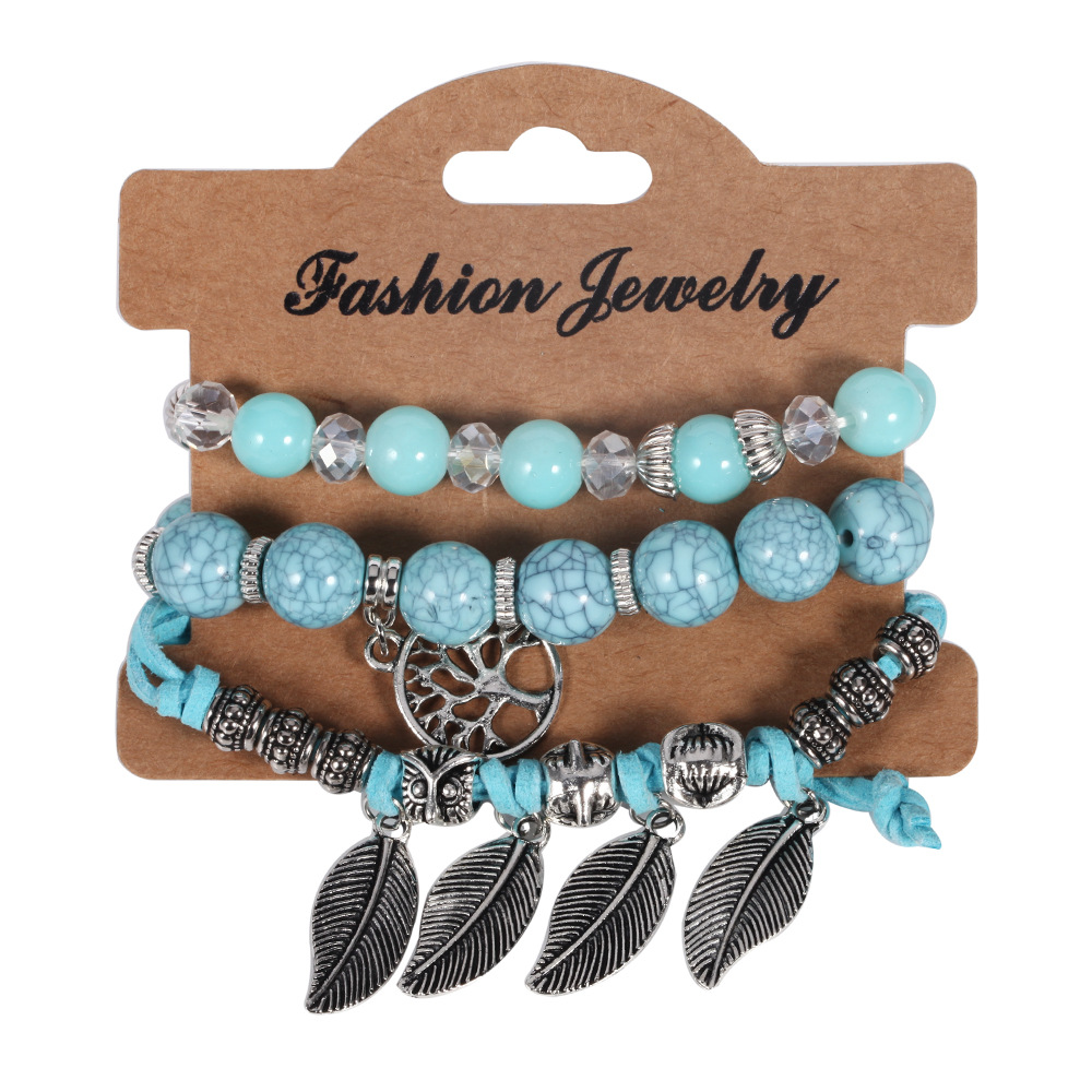 New Design Multilayer Cheap Turquoise Beaded Bracelet Tassel Wrap Handmade Charm Layer Pendant Leaf Glass Bracelets For Women