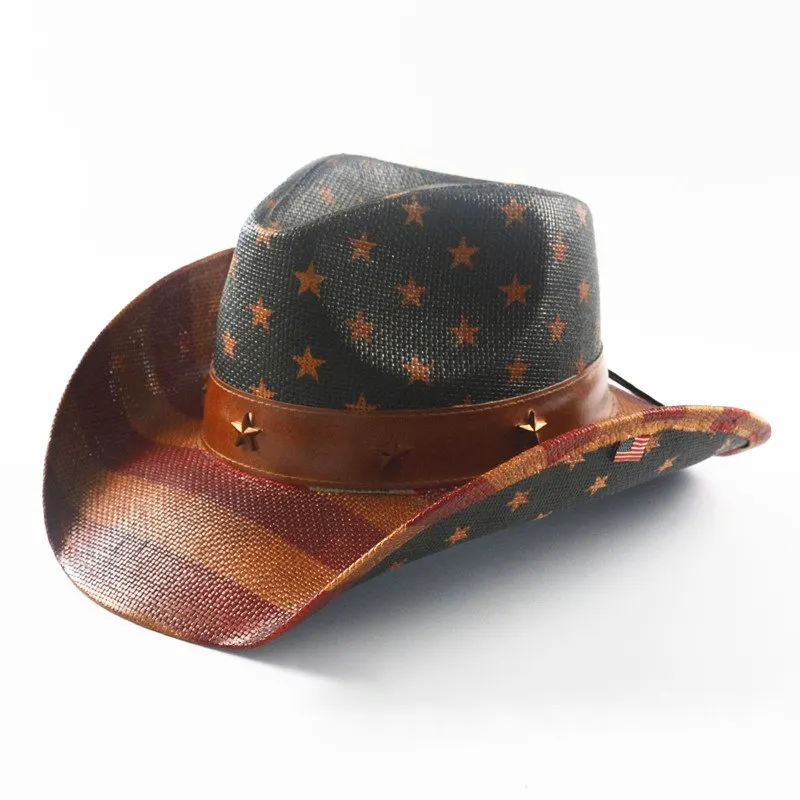 Wholesale Promotional Custom Logo Men Straw Cowboy Hat USA American Flag Painting Shapable Brim Sombreros Cowboy Hat