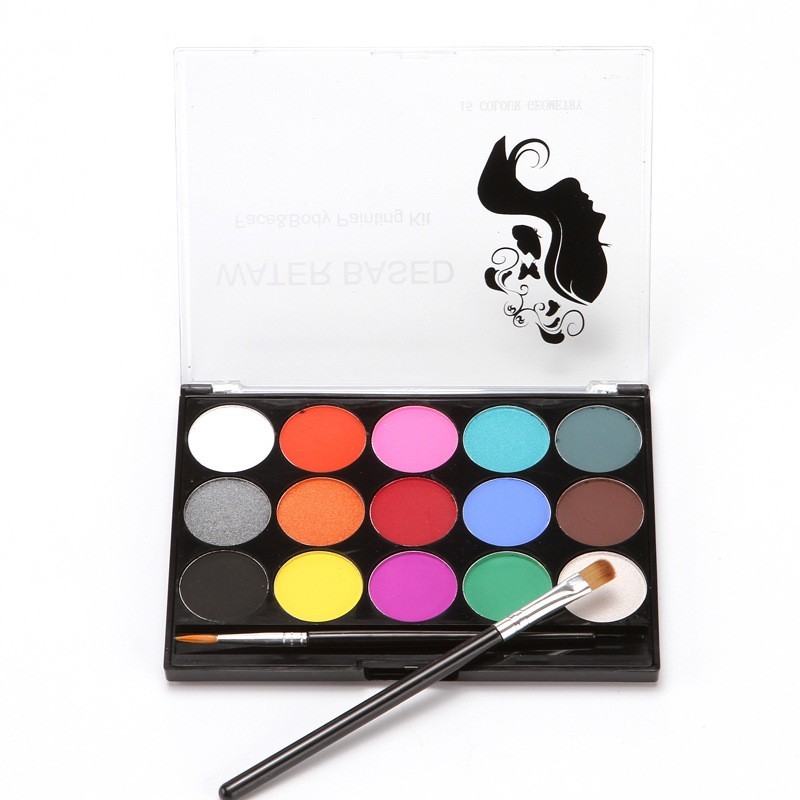 Professional Quality Face & Body Paint Palette Set 15 Colors & 2 Brushes Customizable Private Label Makeup Supply