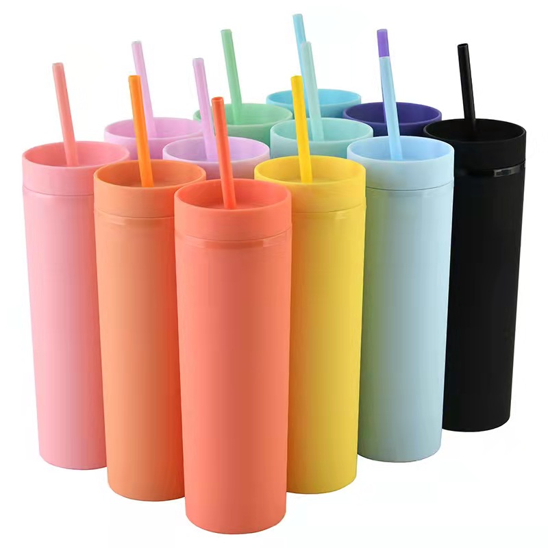 2021Wholesale Double Wall Straight Skinny Tumblers Sublimation Matte Glitter Cups 16oz With Straw