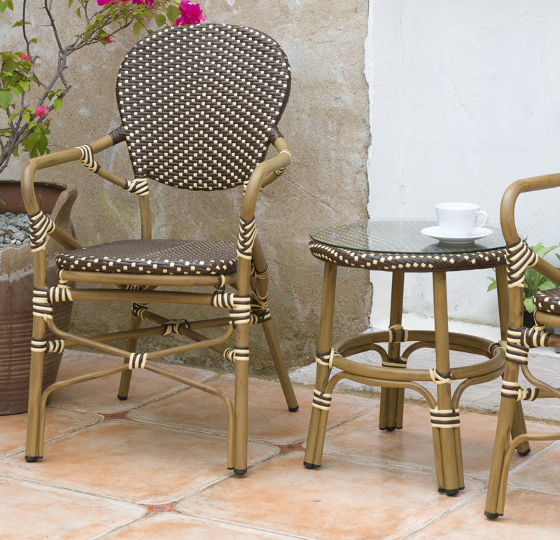 OT-005S French style glass PE rattan round outdoor wicker side table for garden