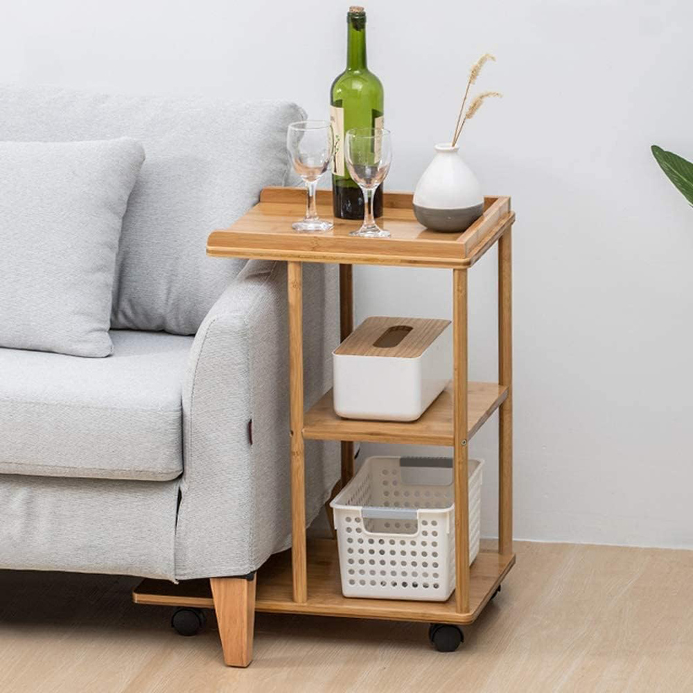 Modern Movable End Table Coffee Table Cart Food Trolley Tray Bamboo Sofa Side Table with Wheels