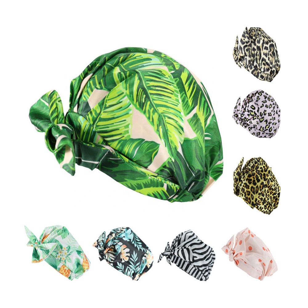 Amazon hot sell custom logo elastic bow black striped waterproof shower cap