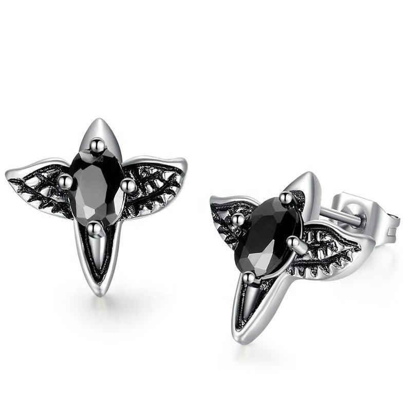 New Arrival Fashion Black Cz Prong Setting Stainless Steel Zirconia Bird Shaped Earrings Studs Earrings