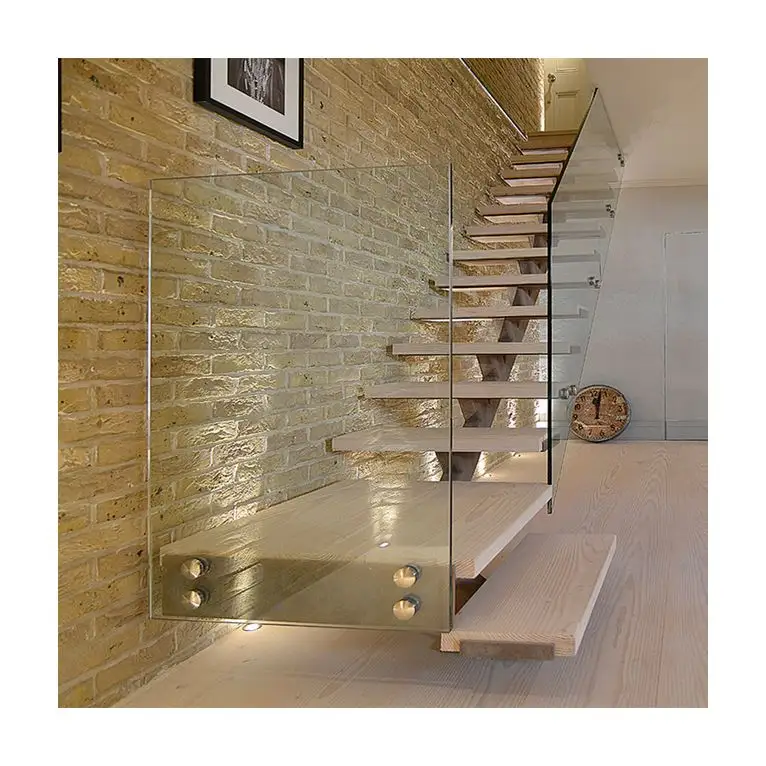 Manufactured Modern Mono Stringer Steel Floating Staircase with Frameless Glass Railing Straight Staircase