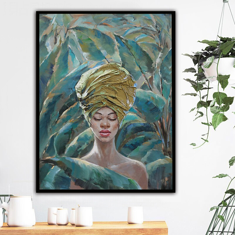 Pictures wall decorations oil painting beautiful african girl surround leaves for home hotel bedroom