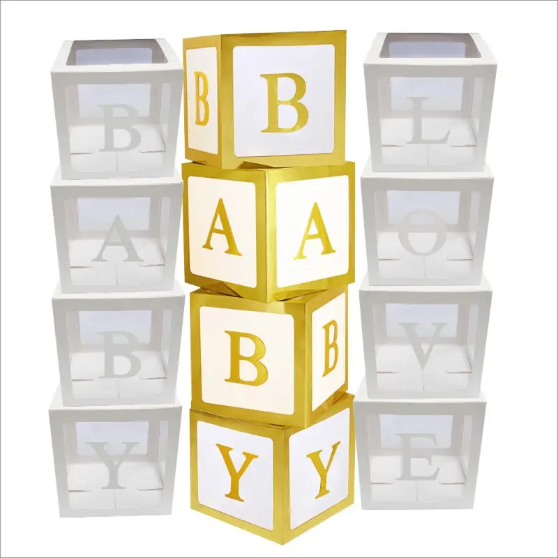 4 pcs Gold Transparent Boxes Decor Individual BABY Blocks Balloon Box for Boys Girls Baby Shower Birthday Gender Reveal