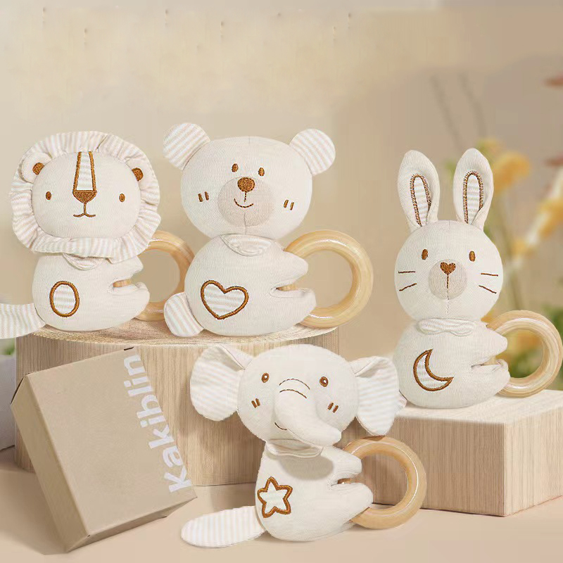 Handmade 100% Organic Cotton Baby Teethers Amigurumi Animal Rattle NewbornShower Gift Classic Wooden Ring Toy