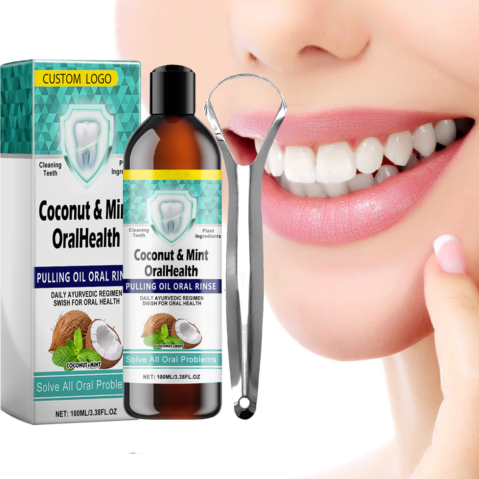 Coconut Oils with Peppermint Vitamin Alcohol-Free Mouthwashes for Fresh Breath Teeth Whitening&Gum Health Tongue Scraper KIt