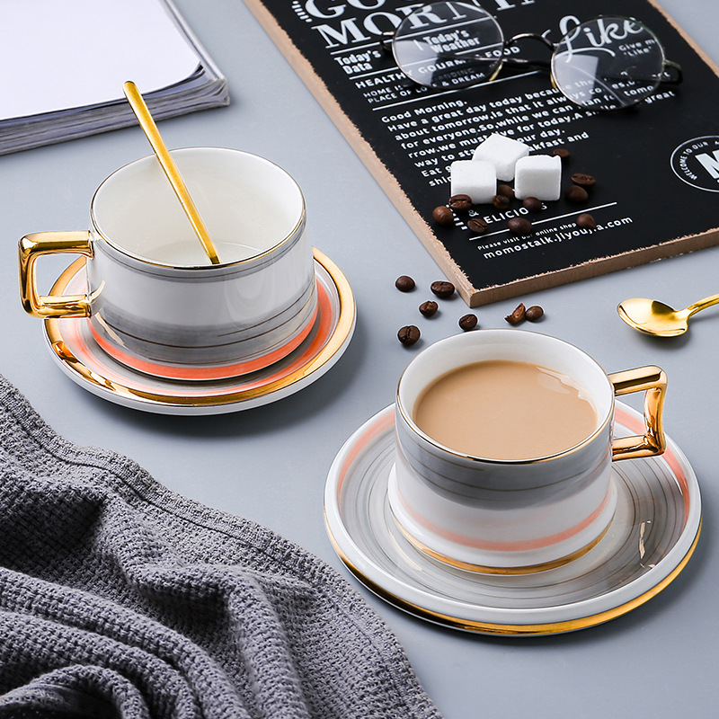 Nordic Style Cup and Saucer Handpainted Golden Handle Rim Home Decor Ceramic Coffee Cup Set for Cafe