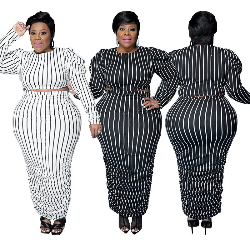 Hot Selling Wholesale Price High Quality Striped Printed Bubble Sleeves Long Sleeve Career Tight Ladies Suit