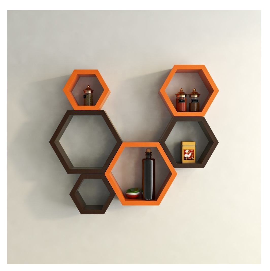 Hexagon floating shelves set of 3 Dark Handmade wood Living Room Furniture Home Furniture For Decoration Home Hotel & Restaurant