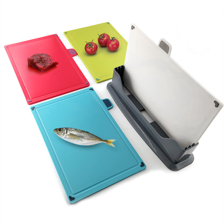 Set of 4 Small Cutting Boards with Color Coded Easy-access Draining Rack Chopping Board Set for Kitchen
