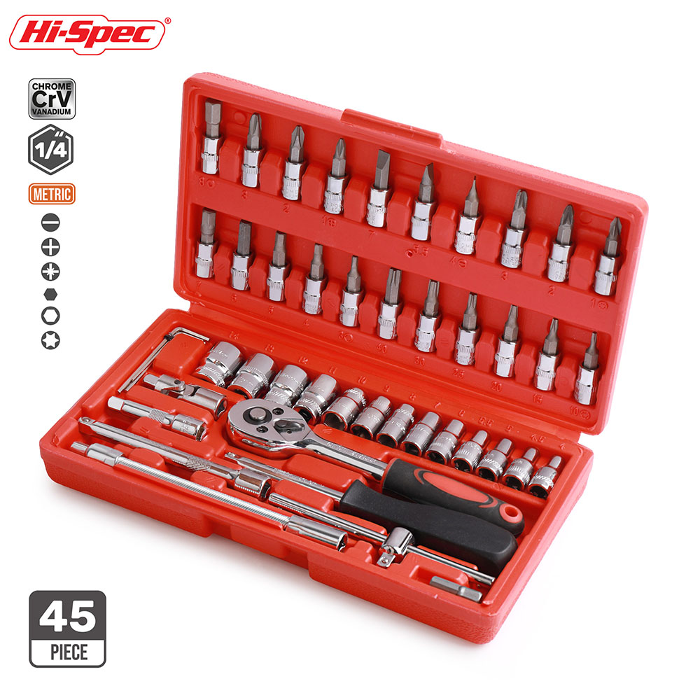 Hi-Spec 45 шт 1/4 "метрический набор гнезд комплект Автомобильный с храповым приводом ручка гнезда