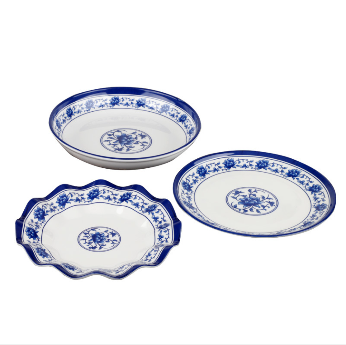 Good Quality 100% Melamine Dinner Plates,Restaurant Supplier blue and white porcelain Plastic Plate Set Tableware Dishes