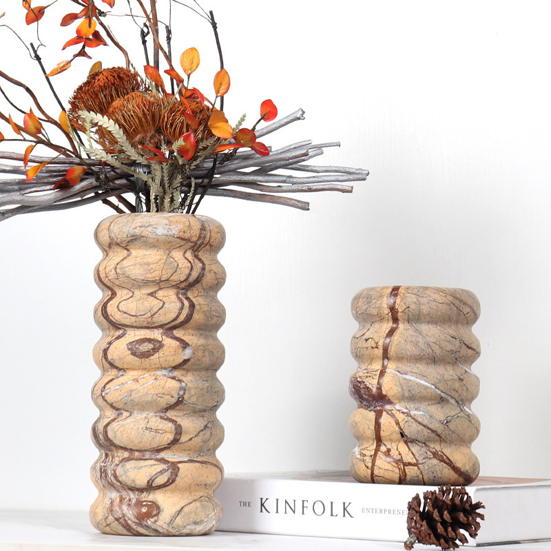 stonekocc Natural marble rain shower coffee vase decoration hotel living room cylindrical circular ripple design flower vase
