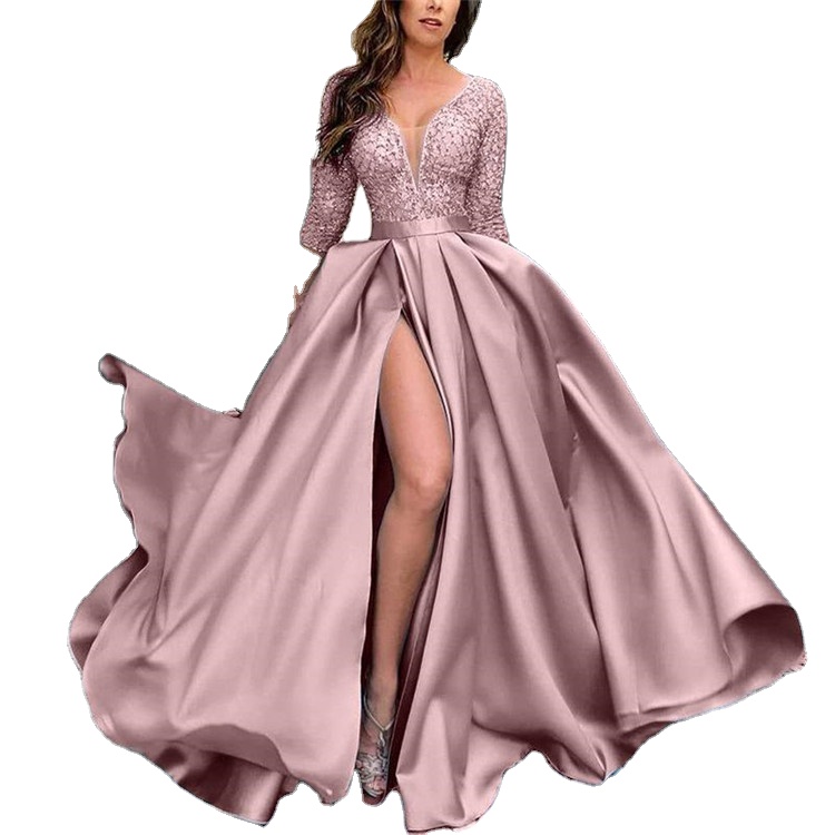 Deep V Neck Bronzing Big Swing Sexy Tail Banquet Evening Party Prom Dress Long Sleeve Prom Dresses 2021