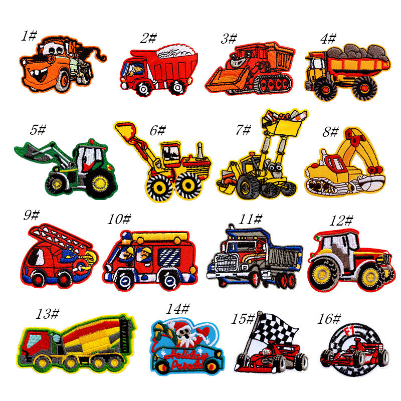 Fashion Decorative Cloth Stickers Cartoon Construction Truck Excavator Patches Embroidery