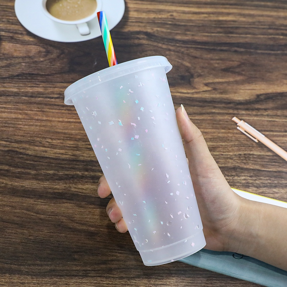 710ml 24oz Reusable Plastic clear Color Changing Con-fetti Tumbler Cups with Straws