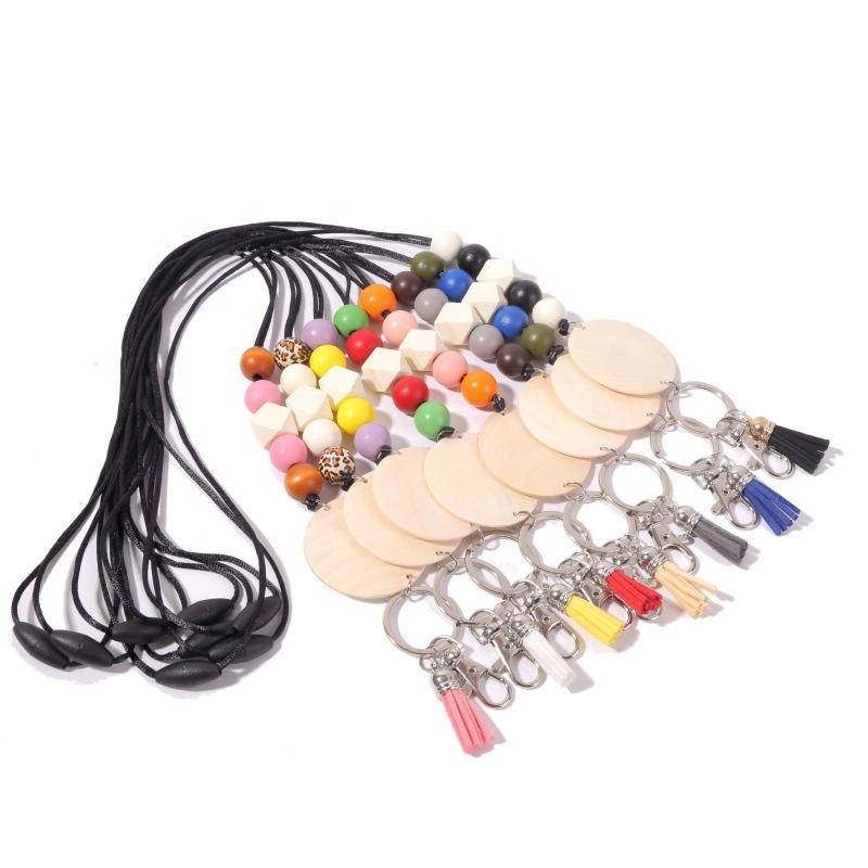 Wood bead wood chip long sweater chain lanyard Necklace work badge Key Necklace