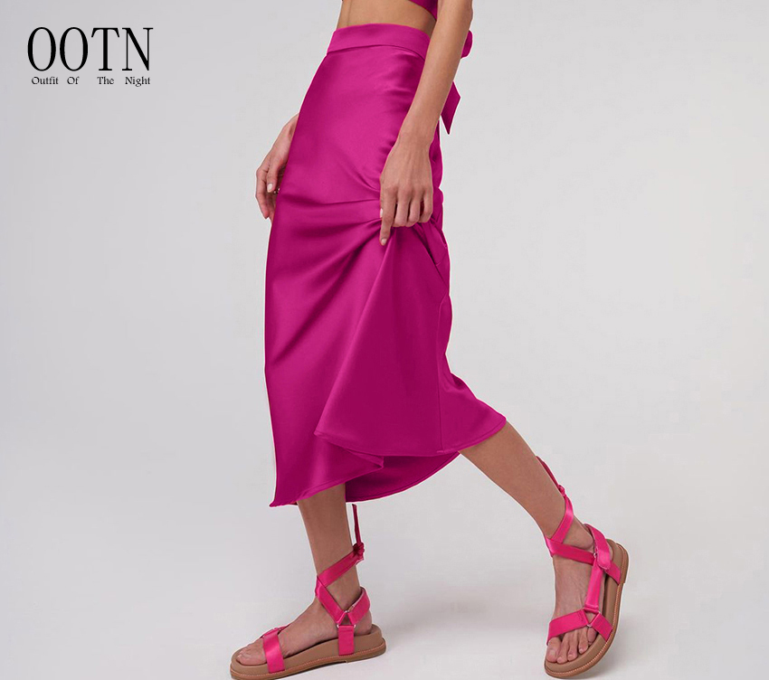 OOTN Women Solid Pleated Elastic Waist Skirt Female Summer Ladies Office Elegant High Waist Satin Skirt