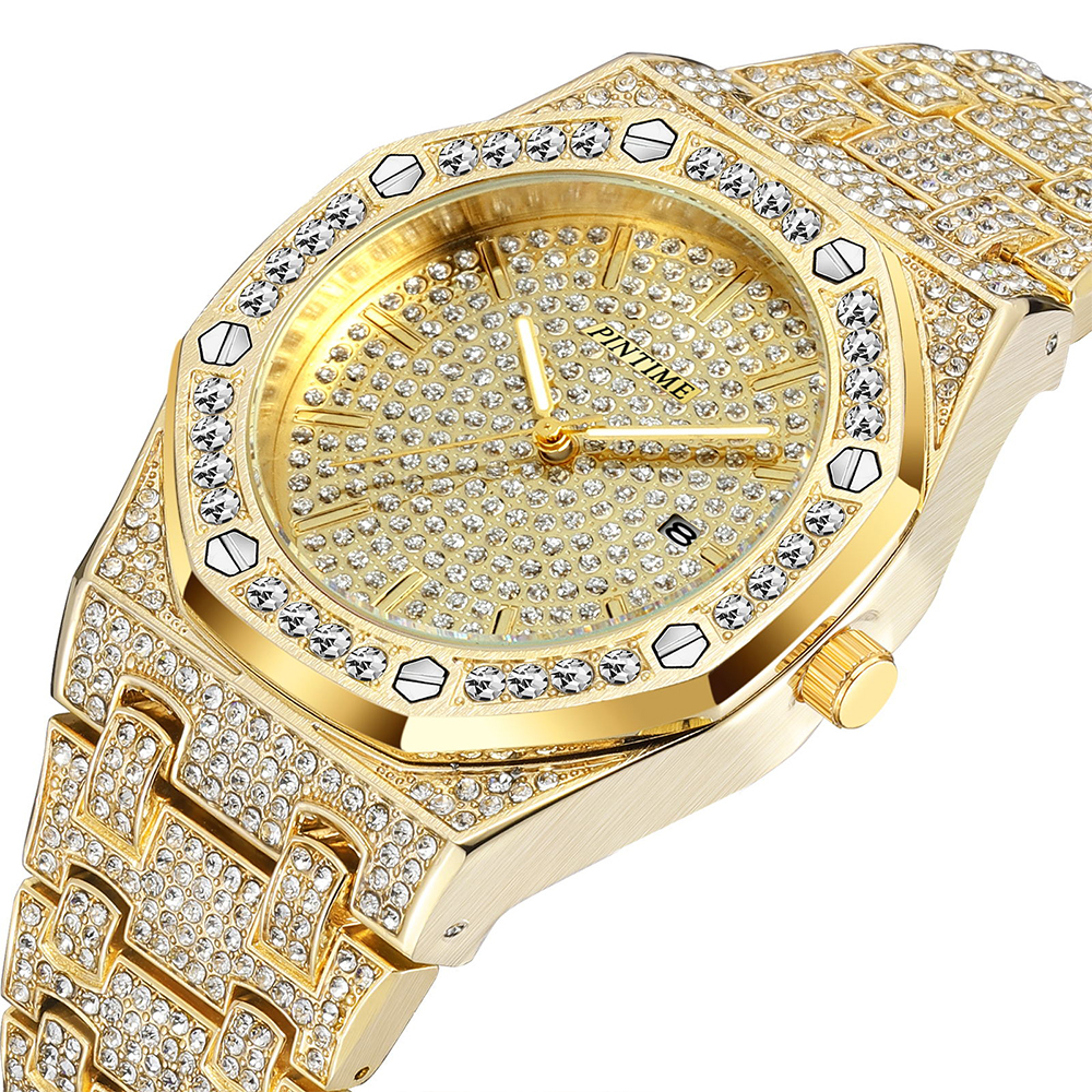PINTIME Bling Hip Hop Gold Diamond Watch for Men Square Quartz Wristwatch Full Iced Out Watch Mens