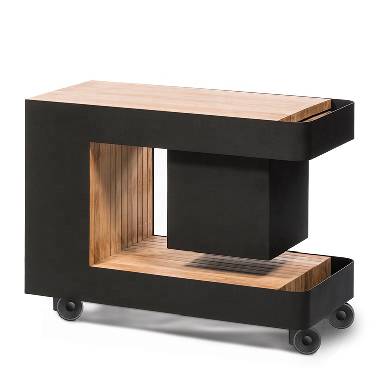 Villa hotel kitchen metal modern black textured mobile bar trolley with stainless steel wine cooler / bottle chiller installed
