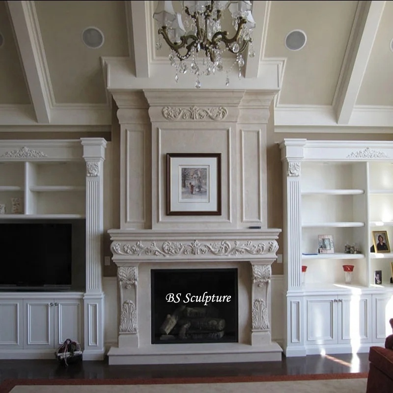 Large Modern White Stone Double Layers Fireplaces Mantel Marble Fireplace Surround Sculpture