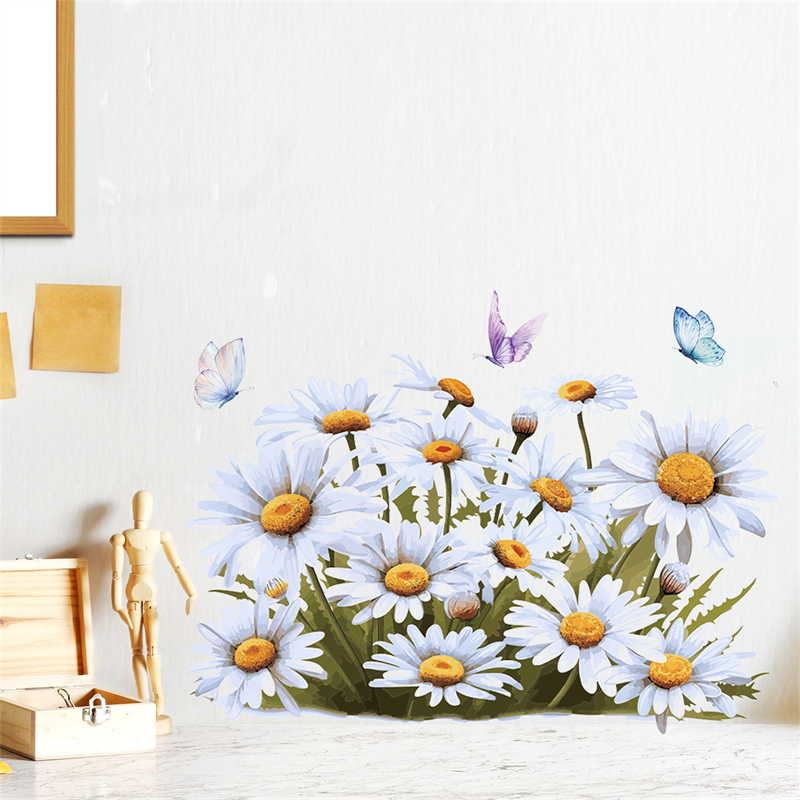 White Daisy Flowers Wall Sticker Fashion Butterfly Skirting Wall Sticker Home Decoration Art Murals For Bedroom Living Room