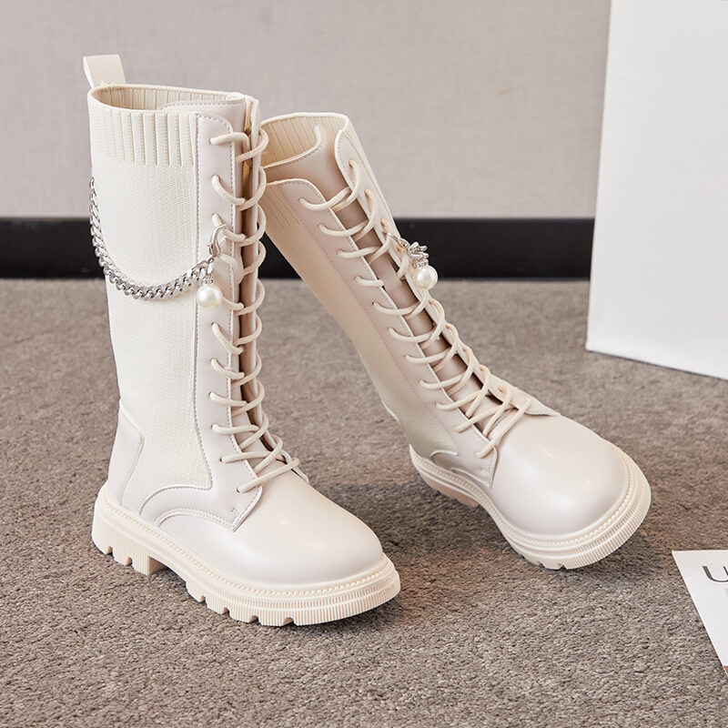 New girls trendy leather long boots 2021 autumn new children's high boots soft sole chain socks boots ankle