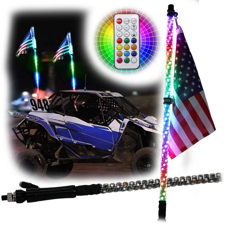 Factory sell LED Whip Lights with remote/APP control with RGB/Chase/Dance color Led antenna quickly release buggy whip atv utv